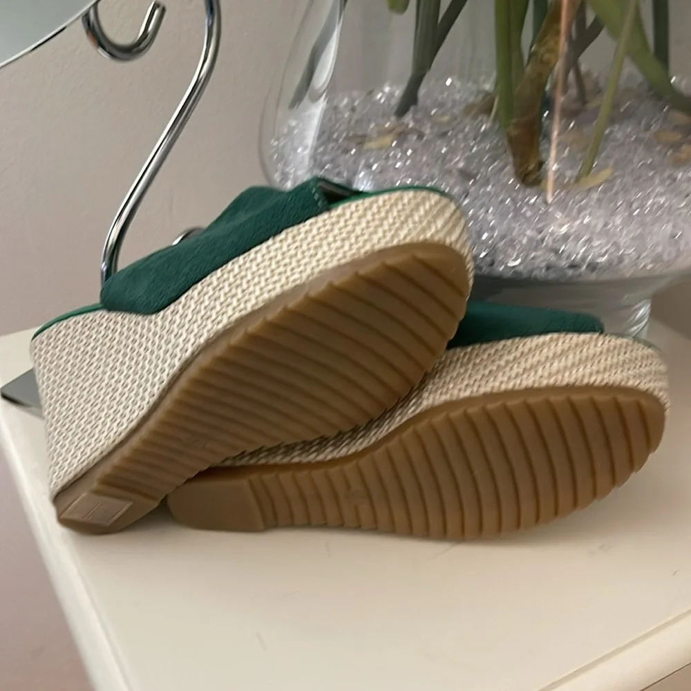 Green Suede Peep-Toe Wedge Slingbacks